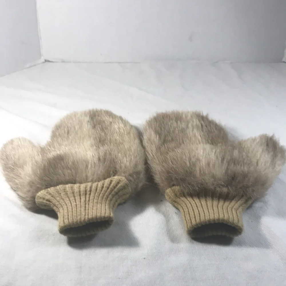Vintage Unisex Beige Faux Fur Mittens with Ribbed Cuffs & Water-resistant Lining